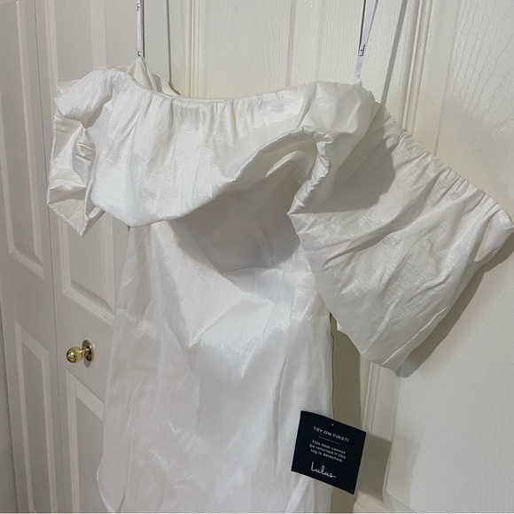 LuLu’s NWT Fanciful Feat White Taffeta Off-the-Shoulder Bodycon Mini Dress M - Picture 5 of 12